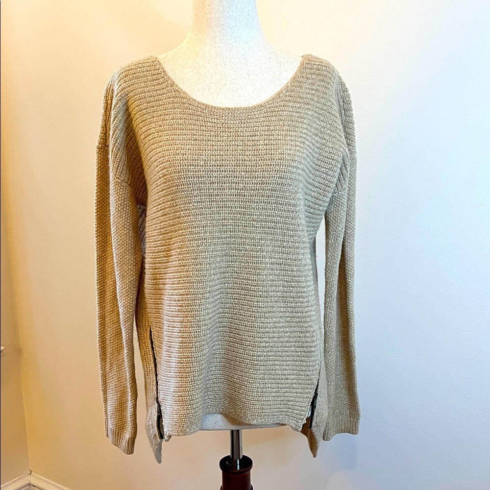 Bar III Tan Cream Boat Neck Sweater Side Zip Hem Wool Blend Size L